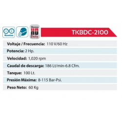 Compresor Correa 2Hp 100 Litros Para TKBDC-2100 Ferreteria