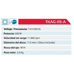 Esmeril Angular de 4 1/2 Pulgadas 115 Milímetros 500 Watts Para TKAG-115-A