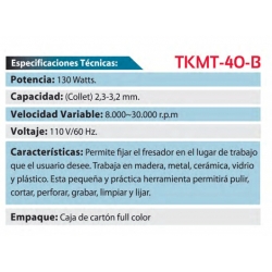 Fresadora 130 Wattios 8000-30000 Rpm Sin Accesorios Para TKMT-40-B Ferreteria