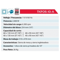 Sierra De Banco 10 Pulgadas 205 Milímetros 1200 Watts Multiuso Para TKFOS-10-A