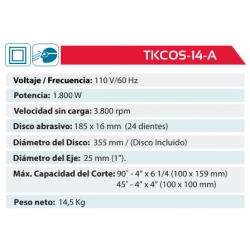 Tronzadora 14 Pulgadas 355 Milímetros 1800 Watts Para TKCOS-14-A Ferreteria