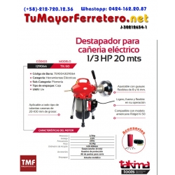 Destapador De Cañería Motor 1/3 Hp 20 Metros 16 Milímetros Para TK-50 Ferreteria